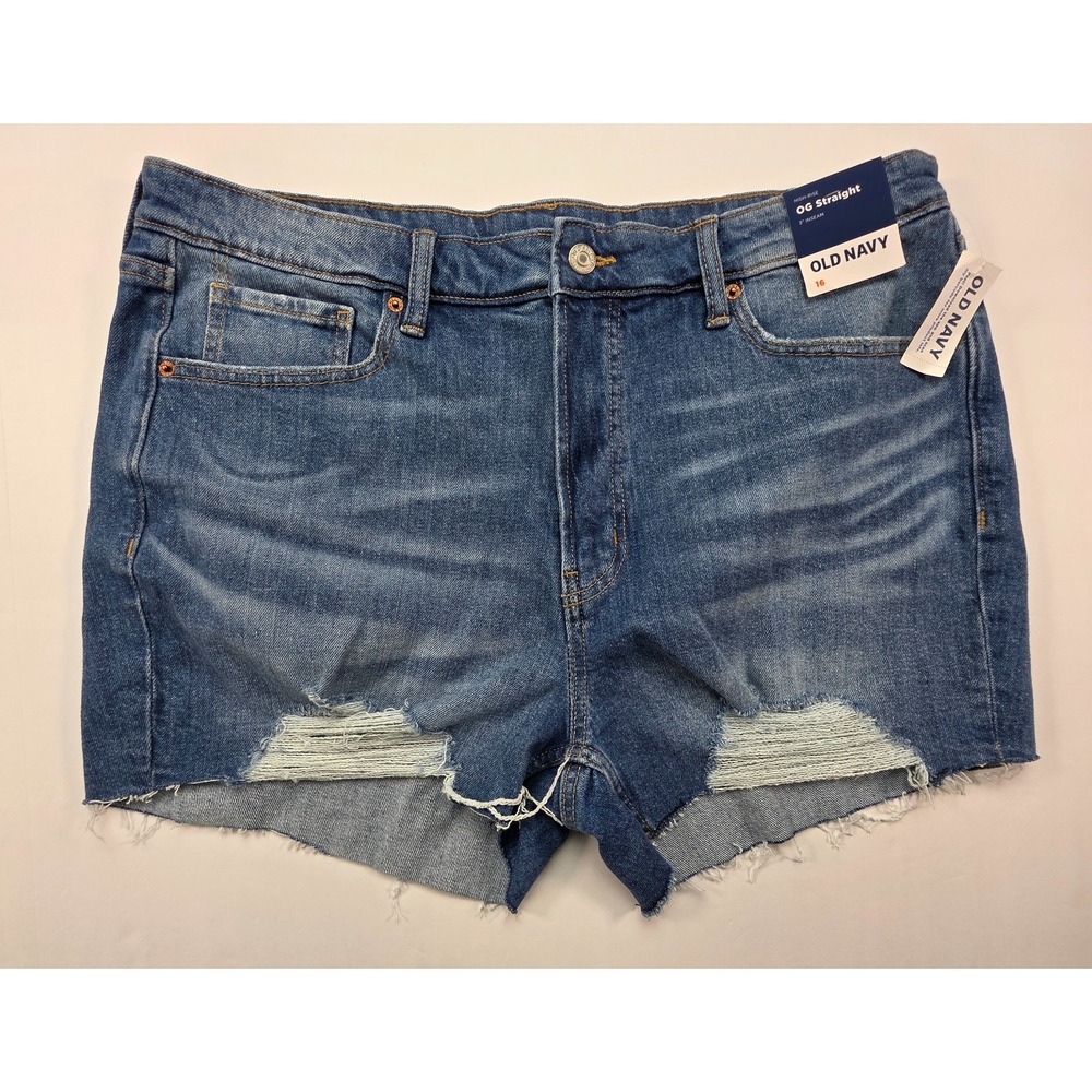 Old Navy Shorts Womens 16 Blue High‎ Rise O.G. Straight Distressed Denim New 3"